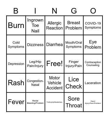 Appointment Reason Code Bingo Card