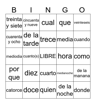 Spanish Bingo Card