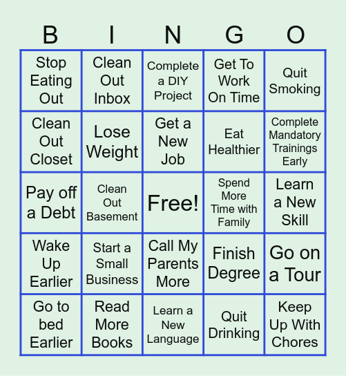 News Year Resolution BINGO Card