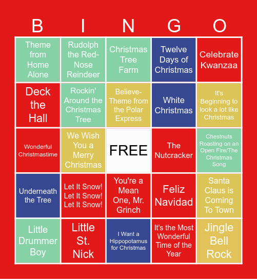 Holiday Song Bingo Card