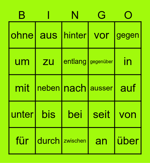 Deutsche Präpositionen Bingo Card