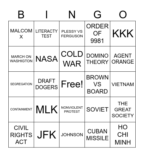 Nam war Bingo Card