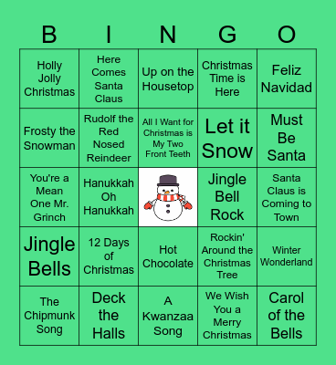 Holiday Song BINGO Card