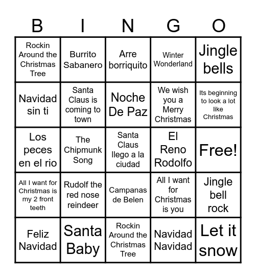 Christmas Song Bingo Card