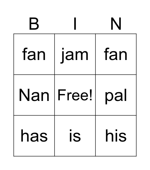 Lesson 2 Words Bingo Card