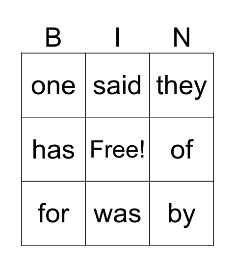 Sight Words Bingo Card