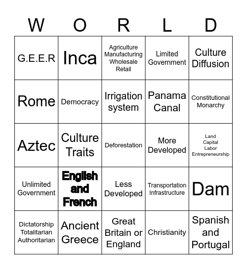 World Cultures Bingo Card