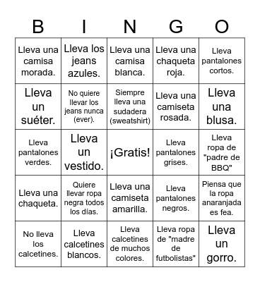 La Ropa Bingo Card