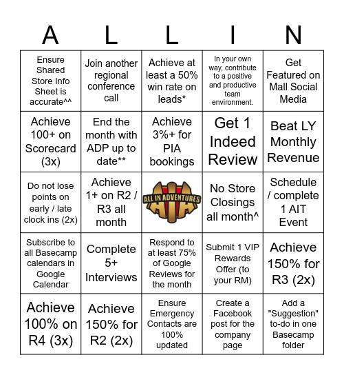All In Adventures Bingo (Feb. 2024) Bingo Card