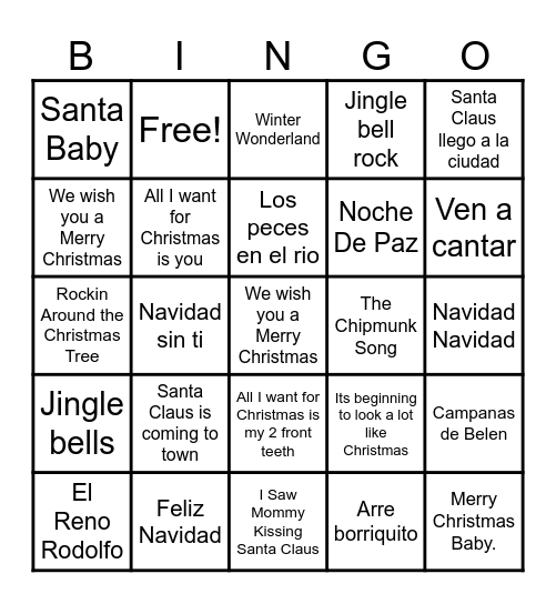 Christmas Song Bingo Card