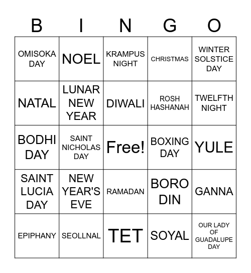 Bluenose Academy Holiday Bingo Card