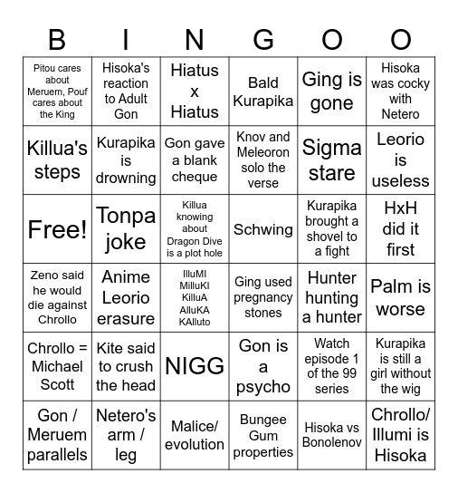 Hunter x Hunter Bingo Card