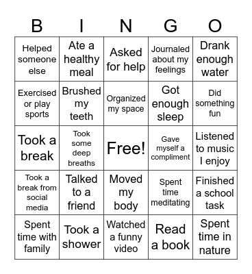 Self Care Bingo Card