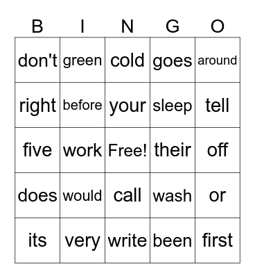Dolch Sight Words Bingo Card