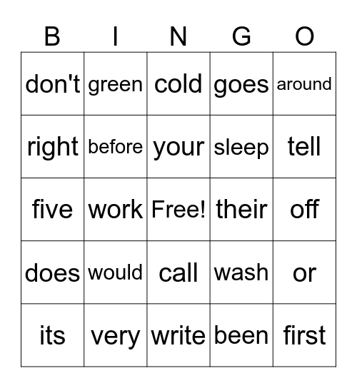 Dolch Sight Words Bingo Card