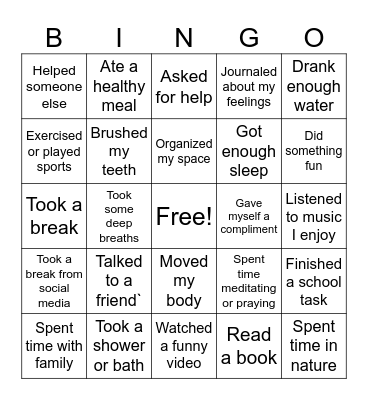 Self Care Bingo Card