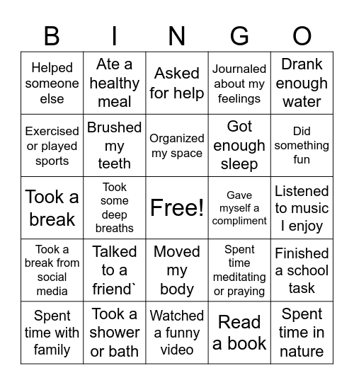 Self Care Bingo Card