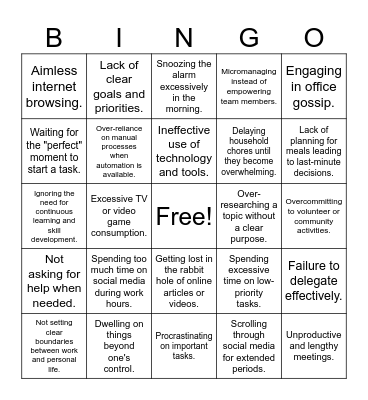 Recognizing my Time Wasters Bingo Card