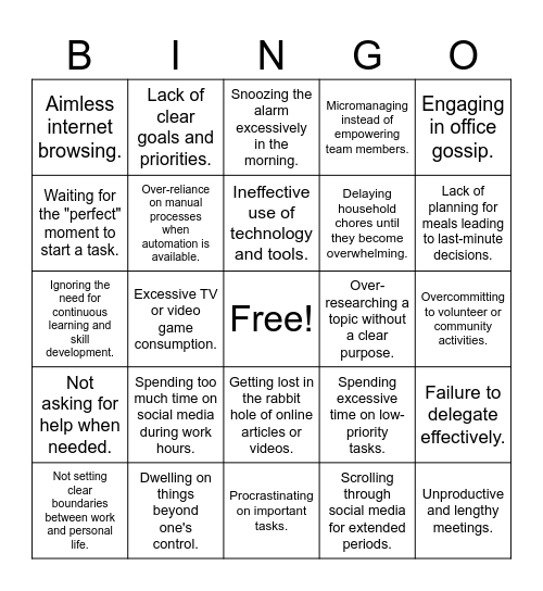 Recognizing my Time Wasters Bingo Card