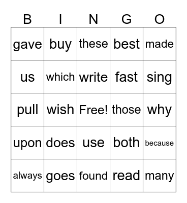 Dolch Sight Words Bingo Card