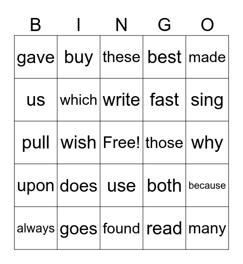 Dolch Sight Words Bingo Card