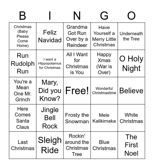 Holiday Song BINGO Card