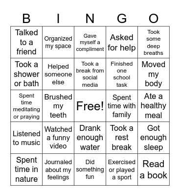 Self Care Bingo Card