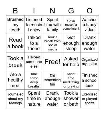 Self Care Bingo Card