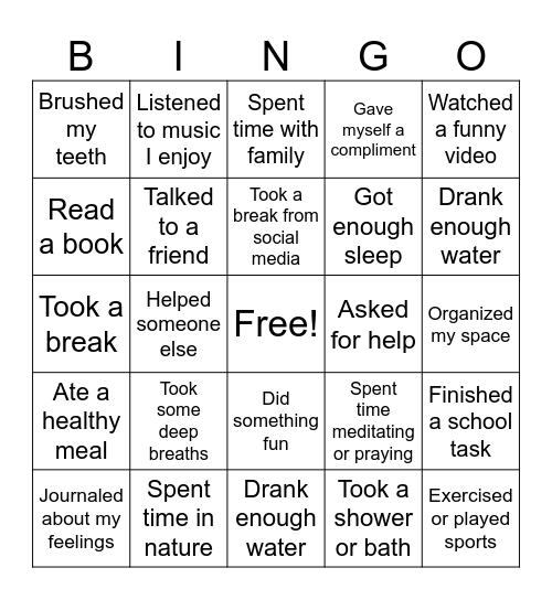 Self Care Bingo Card