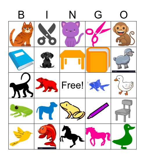 Colors + Objects (Animals, School Objects) Bingo Card