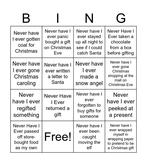 Never Have I Ever Holiday Addition Bingo Card