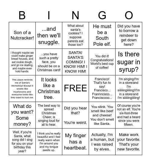 ELF MOVIE Bingo Card