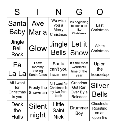 Christmas Songs Bingo Card