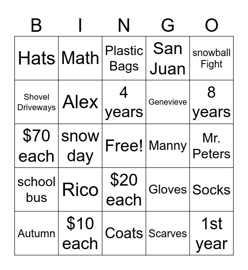"Snow Day" Bingo Card