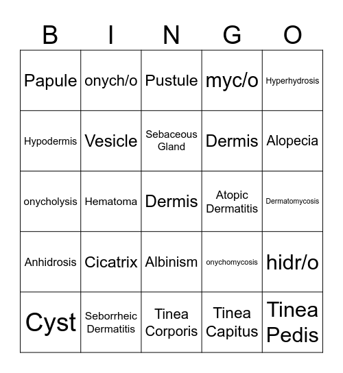 Integumentary Terms Bingo Card