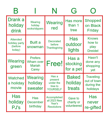 HOLIDAY Bingo Card