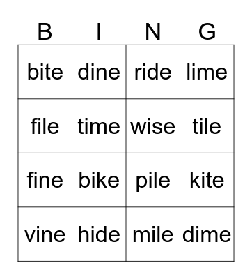 Long I Bingo Card