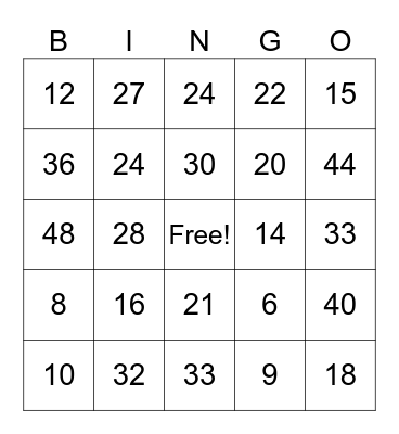 Multiplication Facts 2,3, and 4 Bingo Card