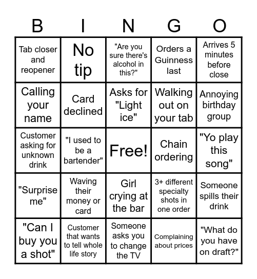 Bartender Bingo Card