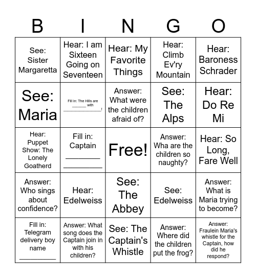 The Sound of Music Bingo Card