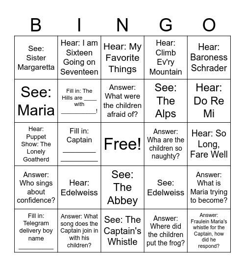 The Sound of Music Bingo Card