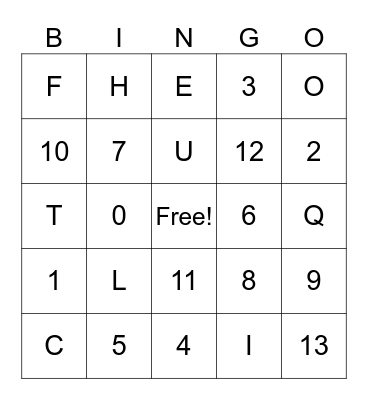 LETTERS AND NUMBERS BINGO Card