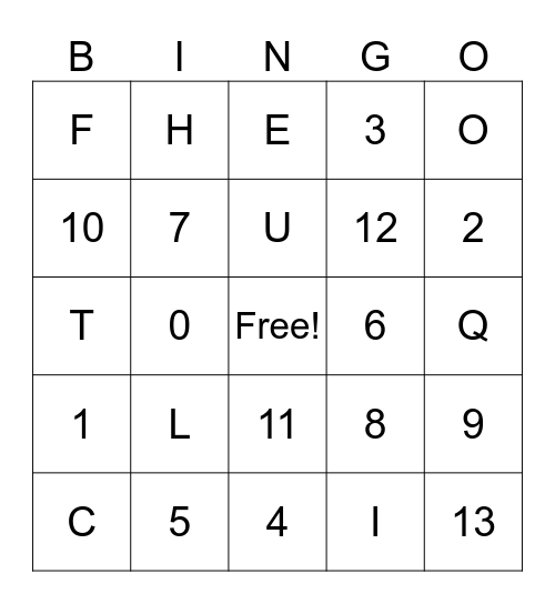 LETTERS AND NUMBERS BINGO Card