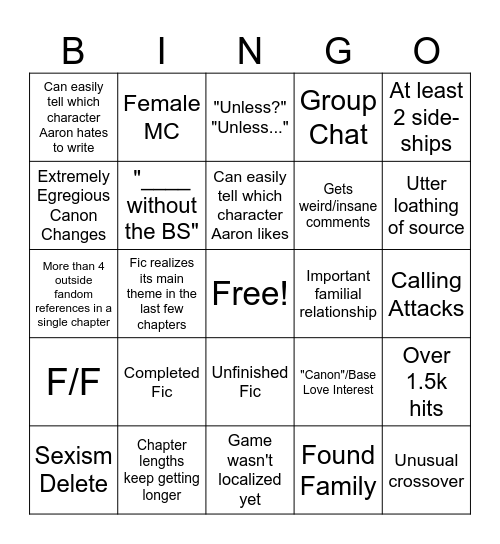 Aaron Fic Bingo Card