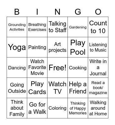 Coping Skills Bingo Card