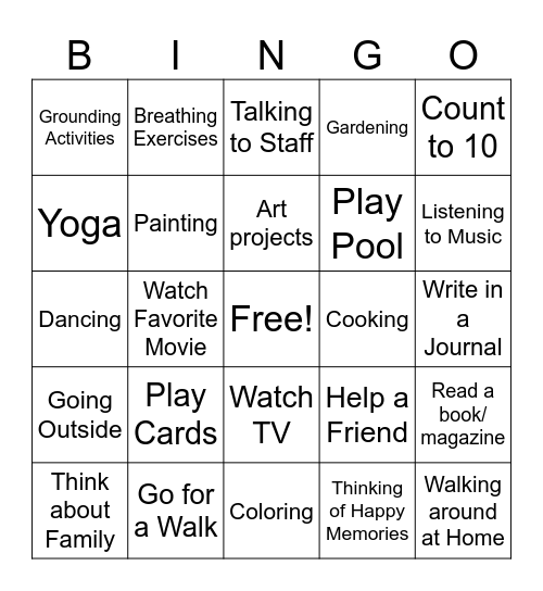 Coping Skills Bingo Card