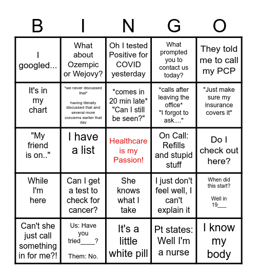 Healthcare Bingo Card