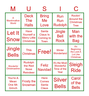 Christmas Song Music Bingo Card