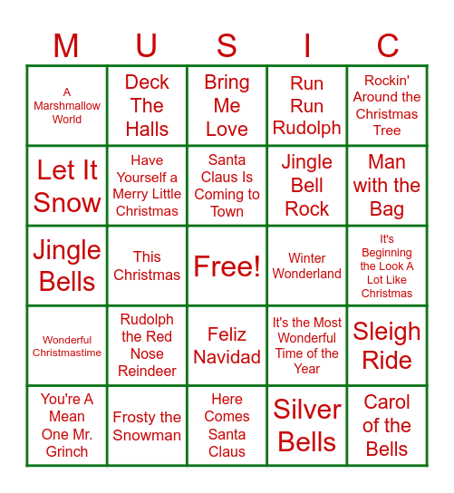 Christmas Song Music Bingo Card