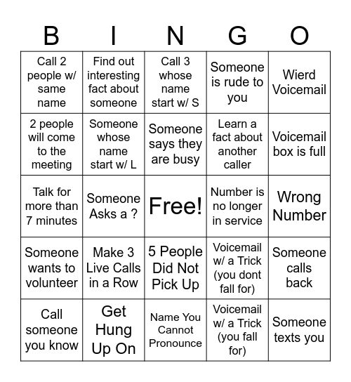 Phone Banking Bingo Card